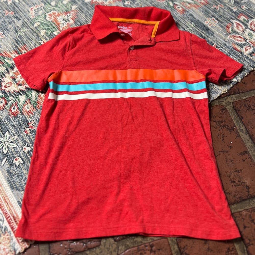 Cat & Jack Red Polo Shirt with Orange and Blue Stripes